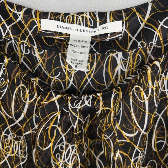 Diane von Furstenberg Blouse Womens 8 Black Gold White Silk Tie Waist Peasant - Picture 6 of 16